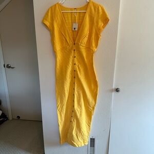 NWT Free People New in Town MIDI Dress, Size L Canary Yellow